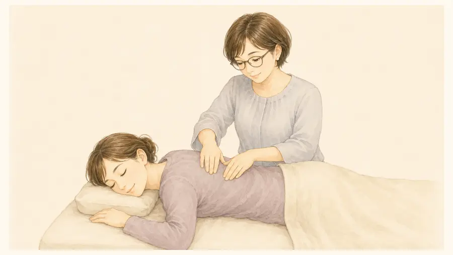 うつ伏せのママに、やまもとまさこが背中のケアを行うイメージ