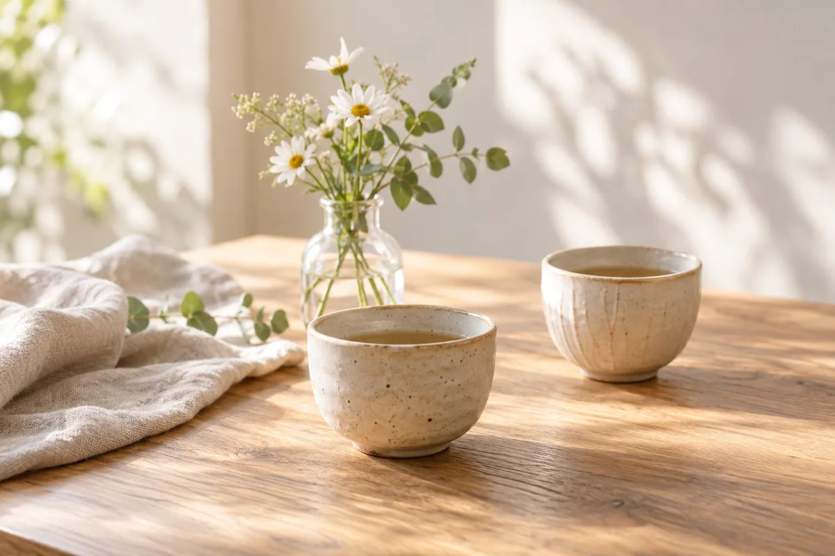 ふたつのカップと小さな花で、ゆっくり話せる時間を表したイメージ画像。